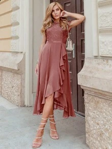 MIUSOL Floral Lace Ruffle Neck Chiffon Maxi Dress, Suitable For Formal Parties, Semi-Formal Occasions, Elegant Dinners - Dusty Pink - View 5