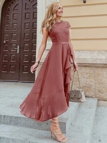 MIUSOL Floral Lace Ruffle Neck Chiffon Maxi Dress, Suitable For Formal Parties, Semi-Formal Occasions, Elegant Dinners - Dusty Pink - View 6