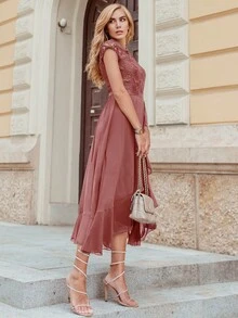 MIUSOL Floral Lace Ruffle Neck Chiffon Maxi Dress, Suitable For Formal Parties, Semi-Formal Occasions, Elegant Dinners - Dusty Pink - View 7