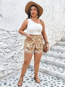 SHEIN VCAY 大码波西米亚风不对称领口短款上衣和佩斯利印花流苏下摆短裤，适合夏季 - 彩色 - 查看 5