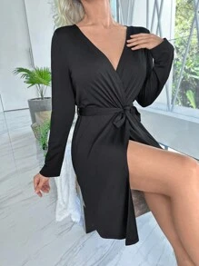 Women's Black V-Neck Knitted Robe With Belted Waist Knee Length Casual Loungewear, For Fall & Winter, Cozy Outfit - Black - View 5