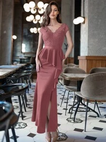 MIUSOL Contrast Lace V-Neck Cap Sleeve Ruffle Trim Split Thigh Evening Party Dress - Dusty Pink - View 6