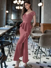 MIUSOL Contrast Lace V-Neck Cap Sleeve Ruffle Trim Split Thigh Evening Party Dress - Dusty Pink - View 5