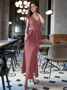 MIUSOL Contrast Lace V-Neck Cap Sleeve Ruffle Trim Split Thigh Evening Party Dress - Dusty Pink - View 7