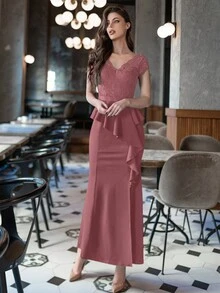 MIUSOL Contrast Lace V-Neck Cap Sleeve Ruffle Trim Split Thigh Evening Party Dress - Dusty Pink - View 8