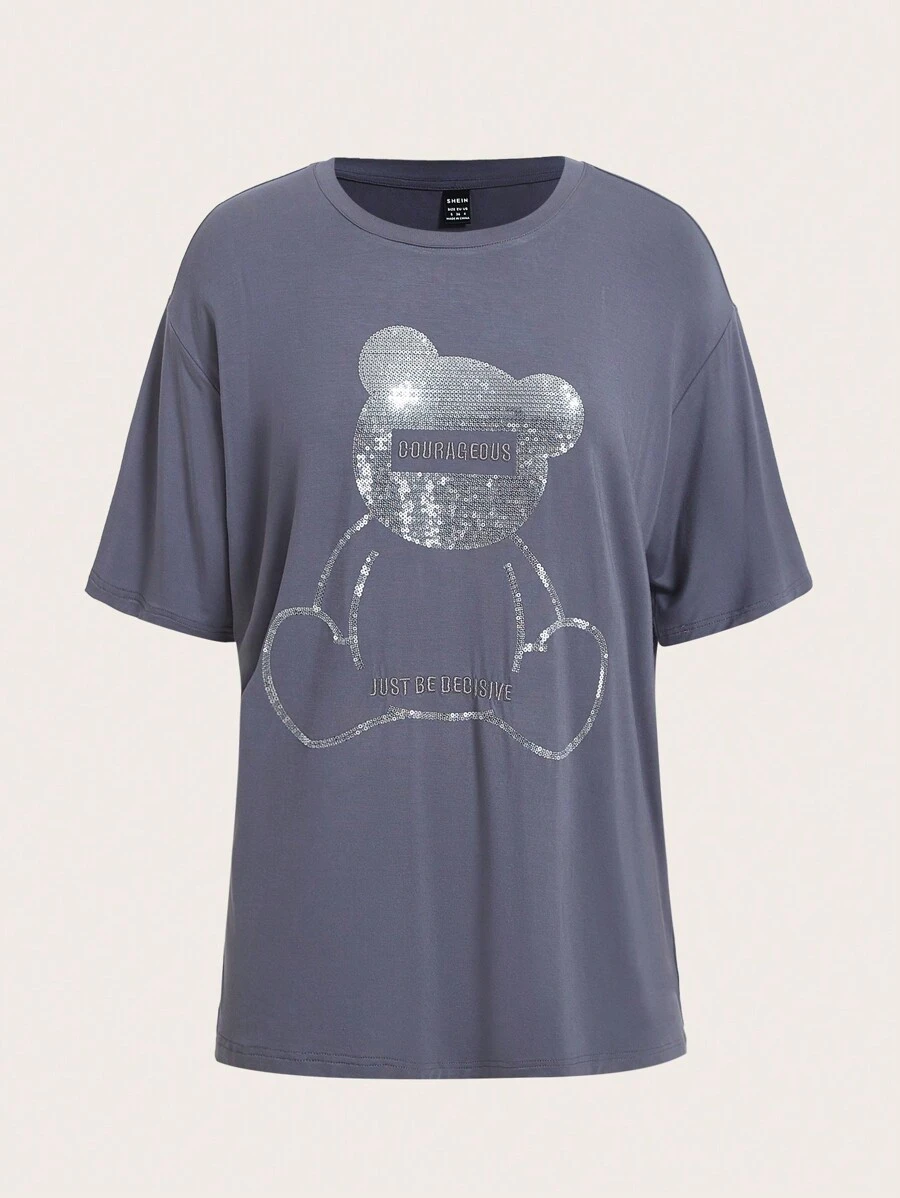 SHEINNeu Rhinestone Bear Pattern Drop Shoulder Tee - Dark Grey - View 1