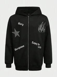 Manfinity RebelGame Loose Fit Men's Star & Letter Print Zip-Up Hoodie, For Fall Winter - Black - View 3