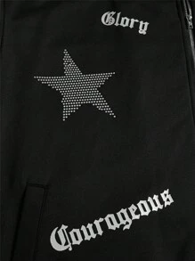 Manfinity RebelGame Loose Fit Men's Star & Letter Print Zip-Up Hoodie, For Fall Winter - Black - View 6