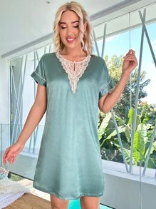 蕾絲拼接蝙蝠袖緞面睡裙 - 霧霾藍 - 查看 4