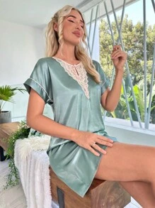 蕾絲拼接蝙蝠袖緞面睡裙 - 霧霾藍 - 查看 6