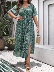 SHEIN LUNE Plus Allover Print Split Thigh Dress - Green - View 1