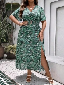 SHEIN LUNE Plus Allover Print Split Thigh Dress - Green - View 3