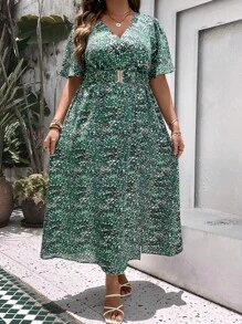 SHEIN LUNE Plus Allover Print Split Thigh Dress - Green - View 4