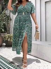 SHEIN LUNE Plus Allover Print Split Thigh Dress - Green - View 5