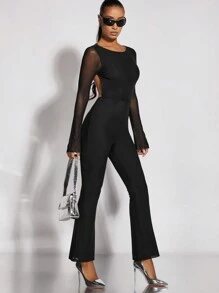 SHEIN BAE 網紗拼接荷葉袖喇叭連身褲 - 黑色 - 查看 3