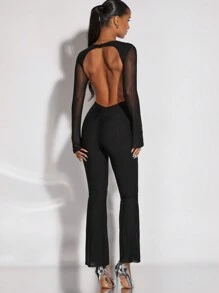 SHEIN BAE 網紗拼接荷葉袖喇叭連身褲 - 黑色 - 查看 2