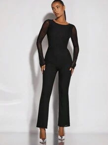 SHEIN BAE 網紗拼接荷葉袖喇叭連身褲 - 黑色 - 查看 1