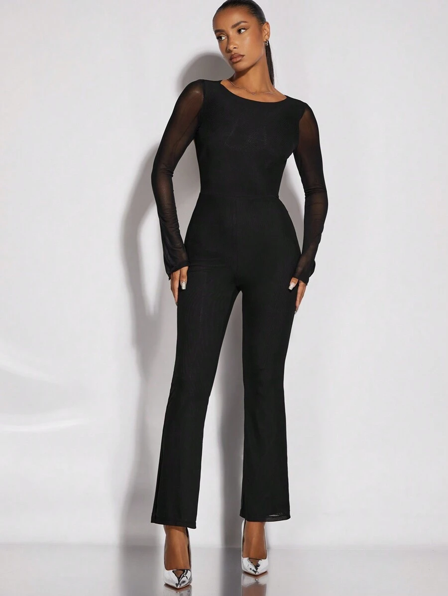 SHEIN BAE 網紗拼接荷葉袖喇叭連身褲 - 黑色 - 查看 1