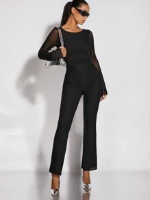 SHEIN BAE 網紗拼接荷葉袖喇叭連身褲 - 黑色 - 查看 6