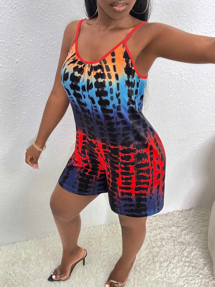 Slaydiva Tie Dye Contrast Binding Cami Romper - Multicolor - View 1