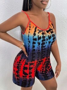 Slaydiva Tie Dye Contrast Binding Cami Romper - Multicolor - View 3