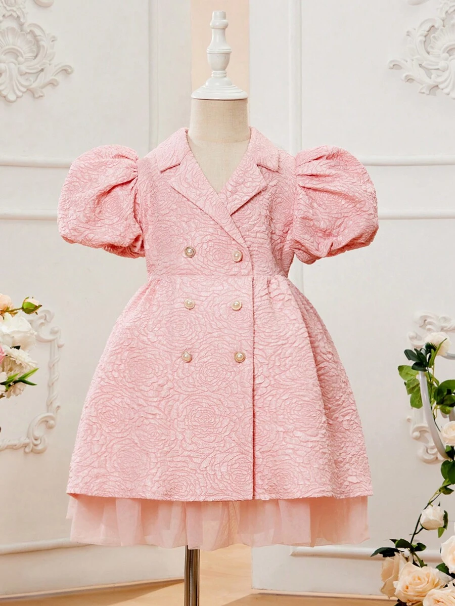 SHEIN 年輕女孩們提花雙排釦泡泡袖派對禮服