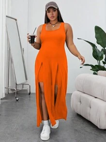 SHEIN Essnce Plus Split Thigh Tank Top & Shorts - Orange - View 1