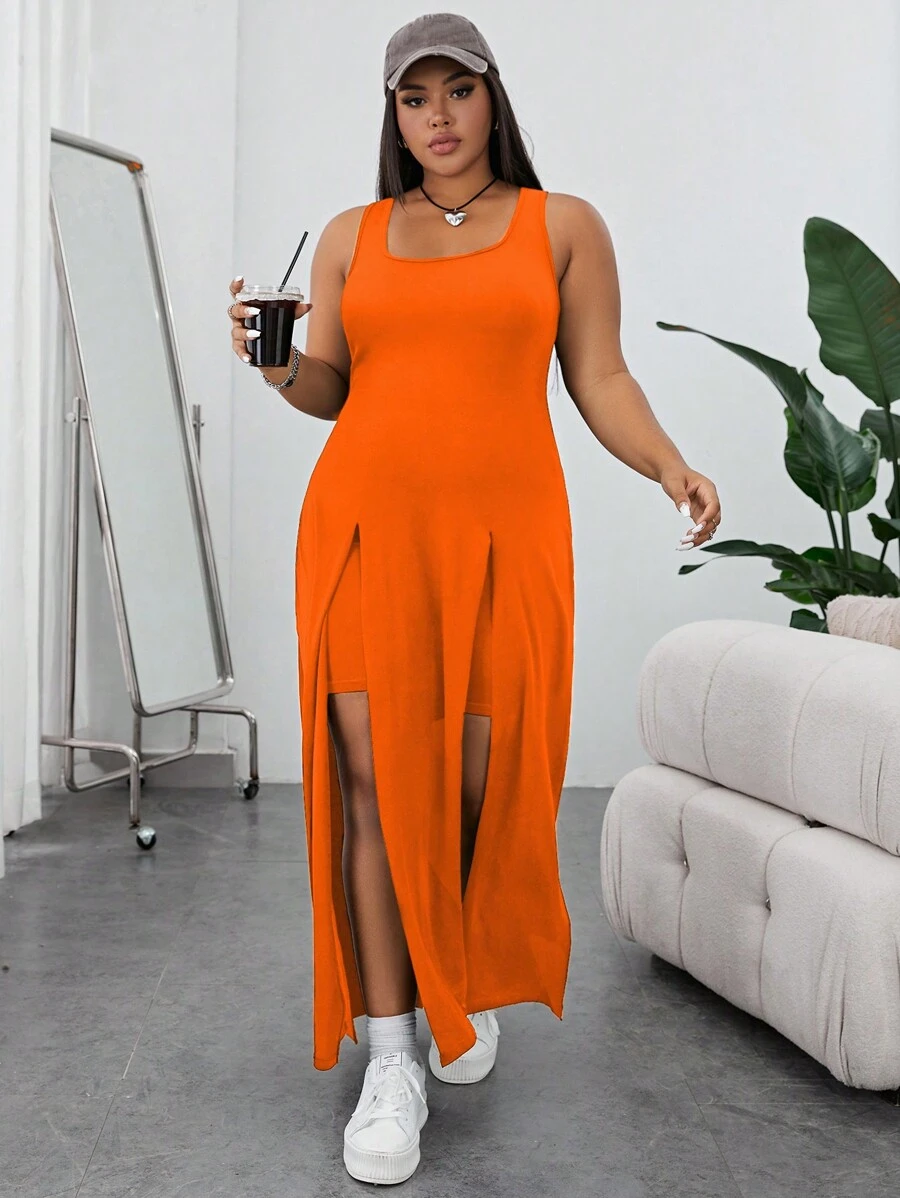 SHEIN Essnce Plus Split Thigh Tank Top & Shorts - Orange - View 1