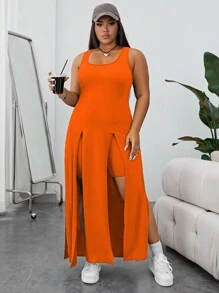 SHEIN Essnce Plus Split Thigh Tank Top & Shorts - Orange - View 3