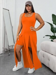 SHEIN Essnce Plus Split Thigh Tank Top & Shorts - Orange - View 4