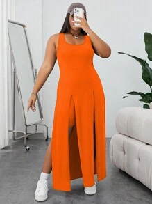 SHEIN Essnce Plus Split Thigh Tank Top & Shorts - Orange - View 5
