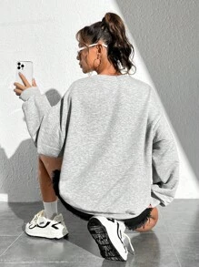 SHEIN EZwear 太陽和字母圖案落肩袖超大衛衣 - 淺灰色 - 查看 2