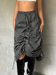 SHEIN ICON Váy nữ Dây kéo Xù màu trơn Giải trí - Màu xám đen - Xem 2