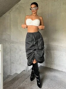 SHEIN ICON Váy nữ Dây kéo Xù màu trơn Giải trí - Màu xám đen - Xem 5