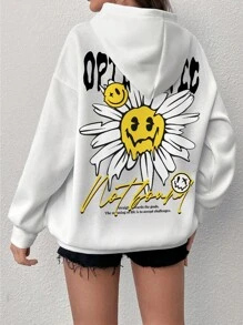 SHEIN EZwear Cartoon & Slogan Graphic Drop Shoulder Hoodie - White - View 1