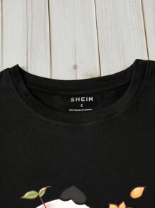 SHEIN LUNE Camiseta panda con con estampado de letra - Negro - Ver 5