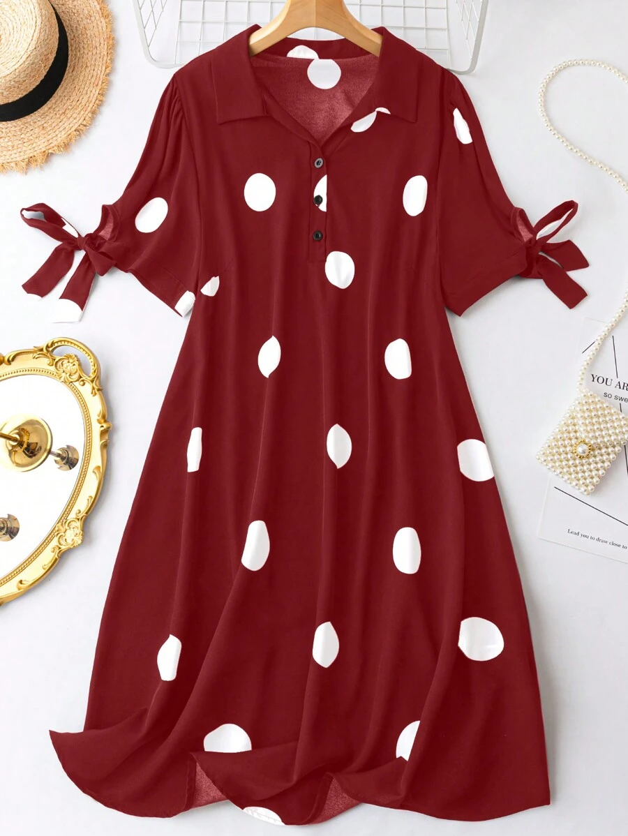 SHEIN Clasi 大碼波點圖案打結袖口襯衫洋裝 - 紅色 - 查看 1