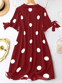 SHEIN Clasi 大碼波點圖案打結袖口襯衫洋裝 - 紅色 - 查看 2