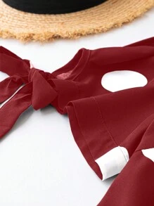 SHEIN Clasi 大碼波點圖案打結袖口襯衫洋裝 - 紅色 - 查看 4