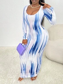 Slaydiva Brush Print Scoop Neck Bodycon Dress