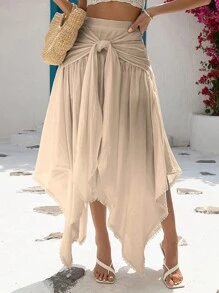 Vivid Eden Tie Front Asymmetrical Hem Skirt - Khaki - View 5