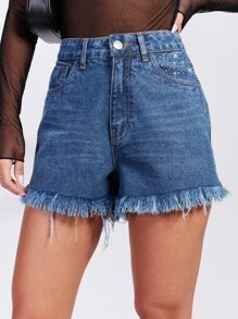 SHE(IN) BRASIL 1入組水鑽細節毛邊牛仔裙褲 - 深色水洗藍 - 查看 1