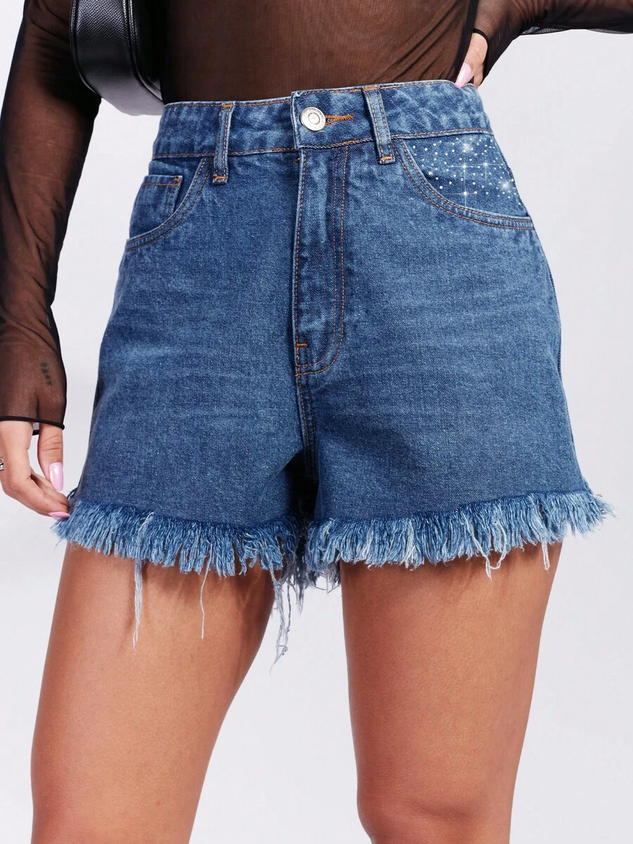 SHE(IN) BRASIL 1入組水鑽細節毛邊牛仔裙褲 - 深色水洗藍 - 查看 1