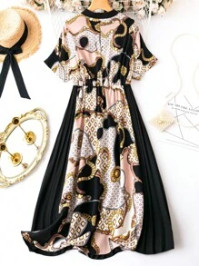 SHEIN Holidaya Plus Chain Print Tie Neck Pleated Hem Dress - Multicolor - View 2