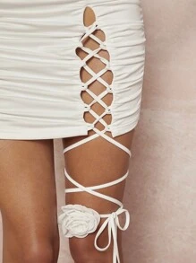 Hauture 3D Rosette Lace Up Ruched Skirt - White - View 3