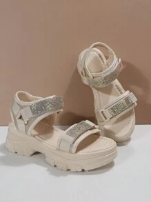 Women Rhinestone Decor Hook-And-Loop Fastener Sport Sandals, Polyester Sporty Sandals Valentines - Beige - View 2