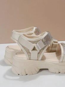 Women Rhinestone Decor Hook-And-Loop Fastener Sport Sandals, Polyester Sporty Sandals Valentines - Beige - View 6