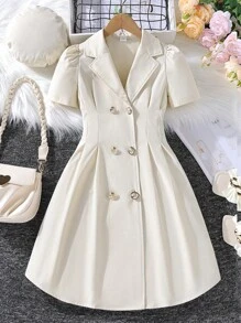 SHEIN Tween Girl Puff Sleeve Double Breasted Fold Pleated Dress - Apricot - View 1