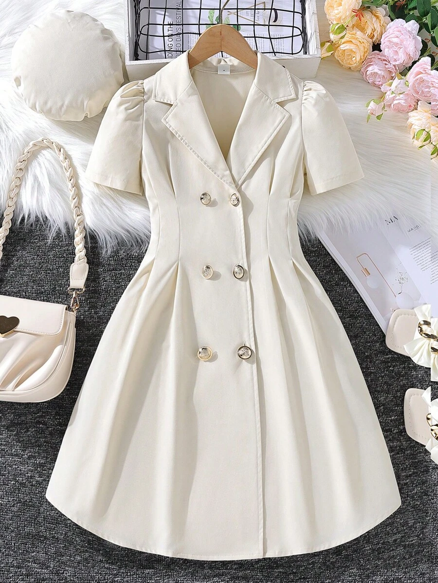 SHEIN Tween Girl Puff Sleeve Double Breasted Fold Pleated Dress - Apricot - View 1