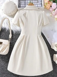 SHEIN Tween Girl Puff Sleeve Double Breasted Fold Pleated Dress - Apricot - View 2